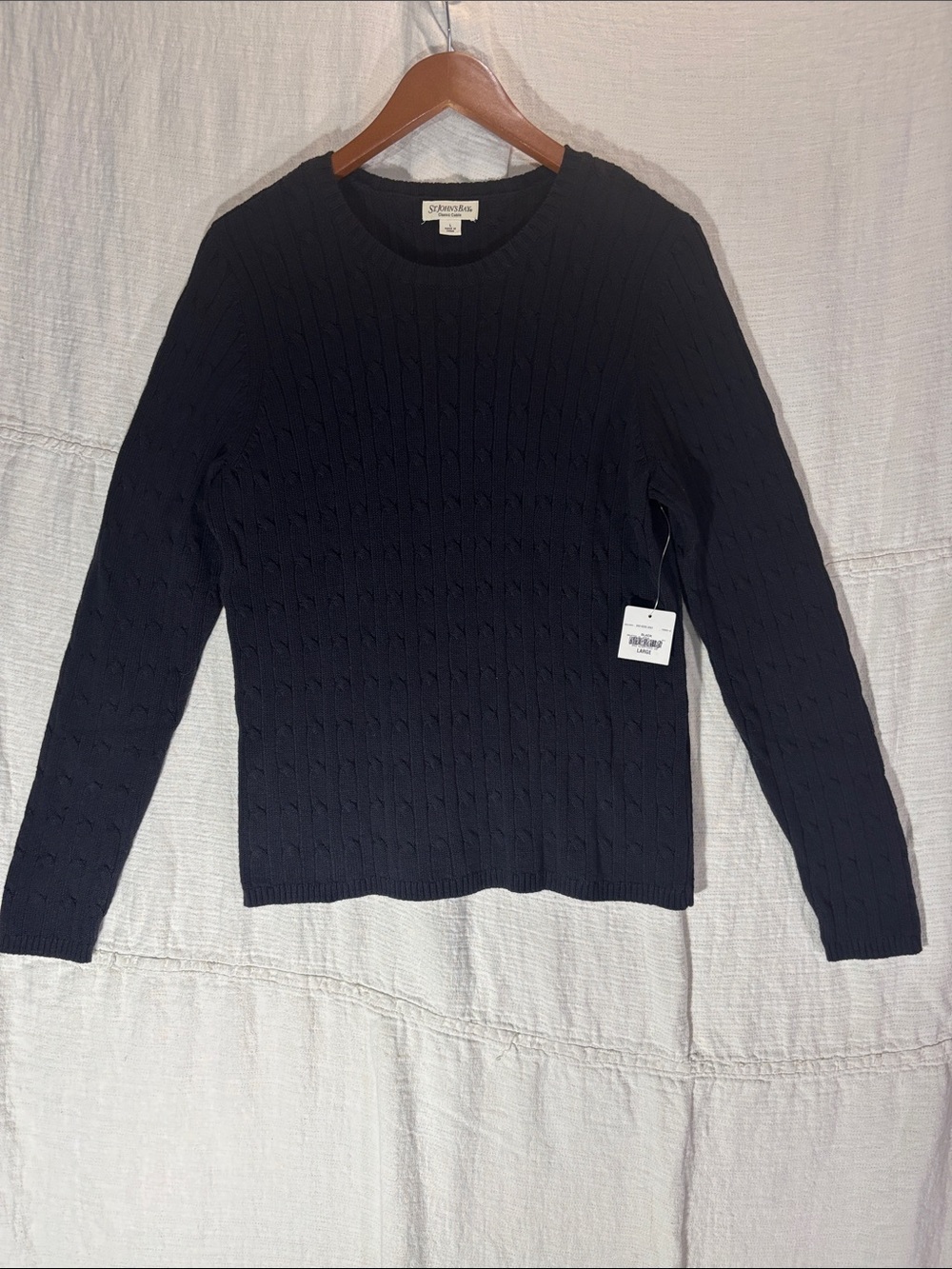NWT St. John's Bay Black Cable Knit Crewneck Sweater Women’s Large Cotton Blend